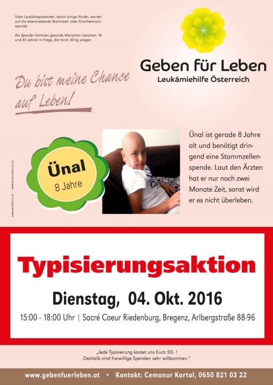 Typisierungsaktion in Bregenz am 4. Oktober von 15-18 Uhr